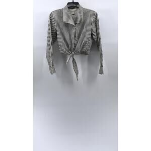 EXPRESS Women’s Black-White Striped Button-Up Tie-Front Cropped Top SZ S